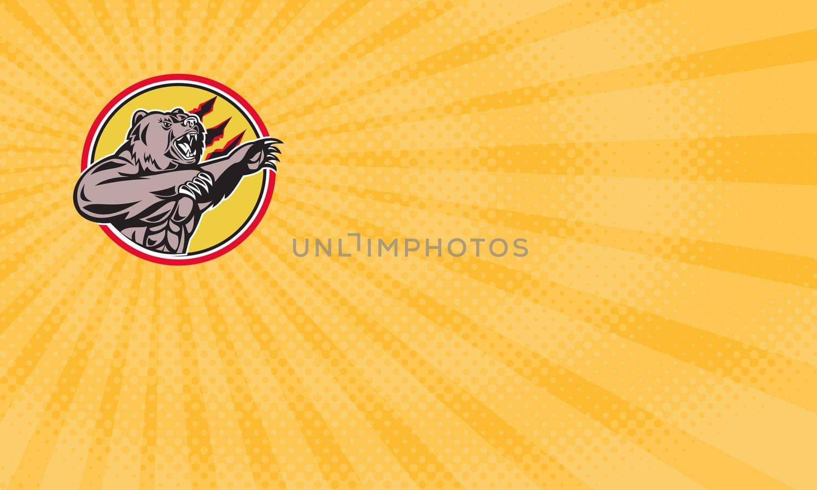 Business card showing Illustration of a angry California grizzly North American brown bear swiping his paw attacking done in retro style set inside circle....