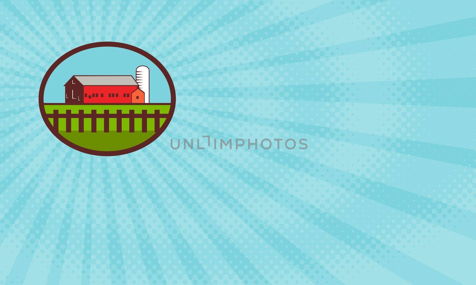 Business card showing Illustration of a farm house barn and silo with fence set inside oval shape done in retro style. ....
