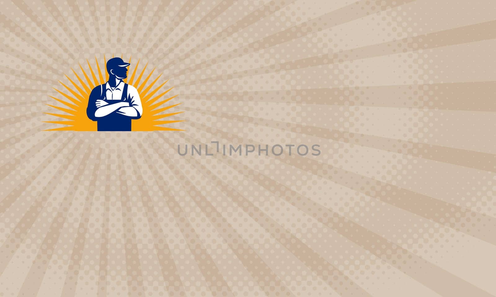 Business card showing Illustration of an organic farmer wearing hat and overalls arms folded looking to the side viewed from front with sunburst in the background done in retro style. ....