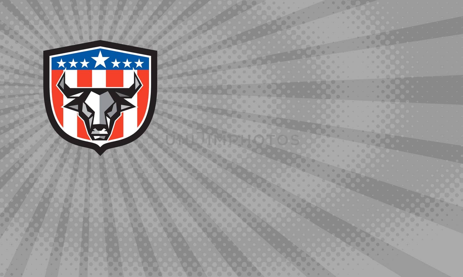 Business card showing Low polygon style illustration of a bull cow head facing front set inside shield crest with usa american stars and stripes flag in the background. ....