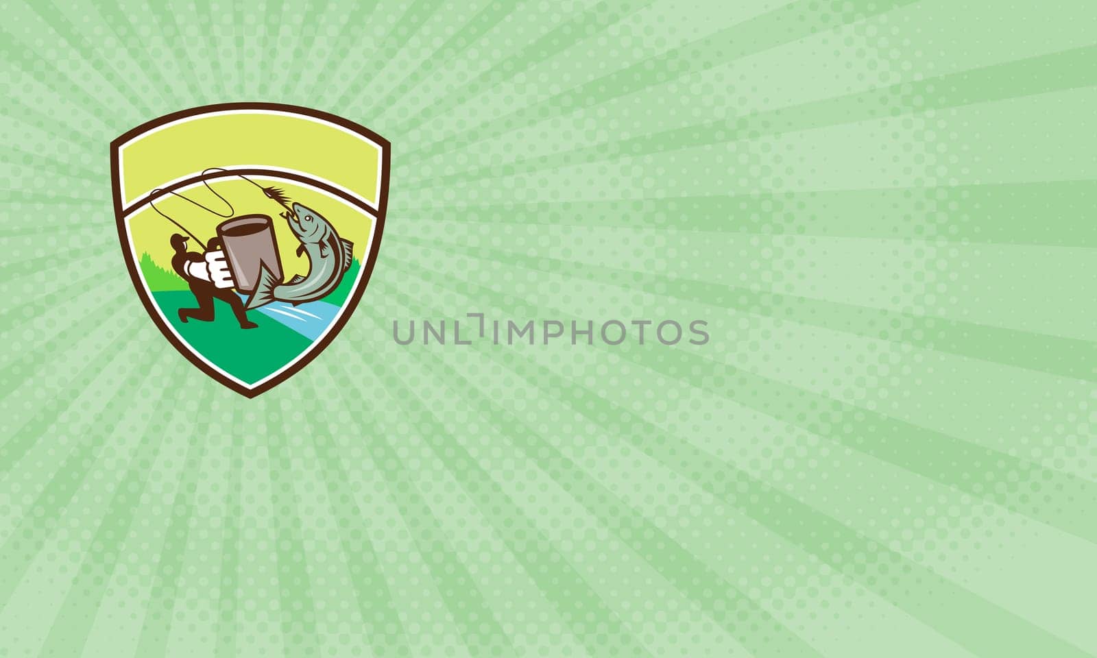 Business card showing Illustration of a fly fisherman fishing holding mug hooking salmon jumping viewed from the side set inside shield crest with river sea and trees in the background done in retro style..