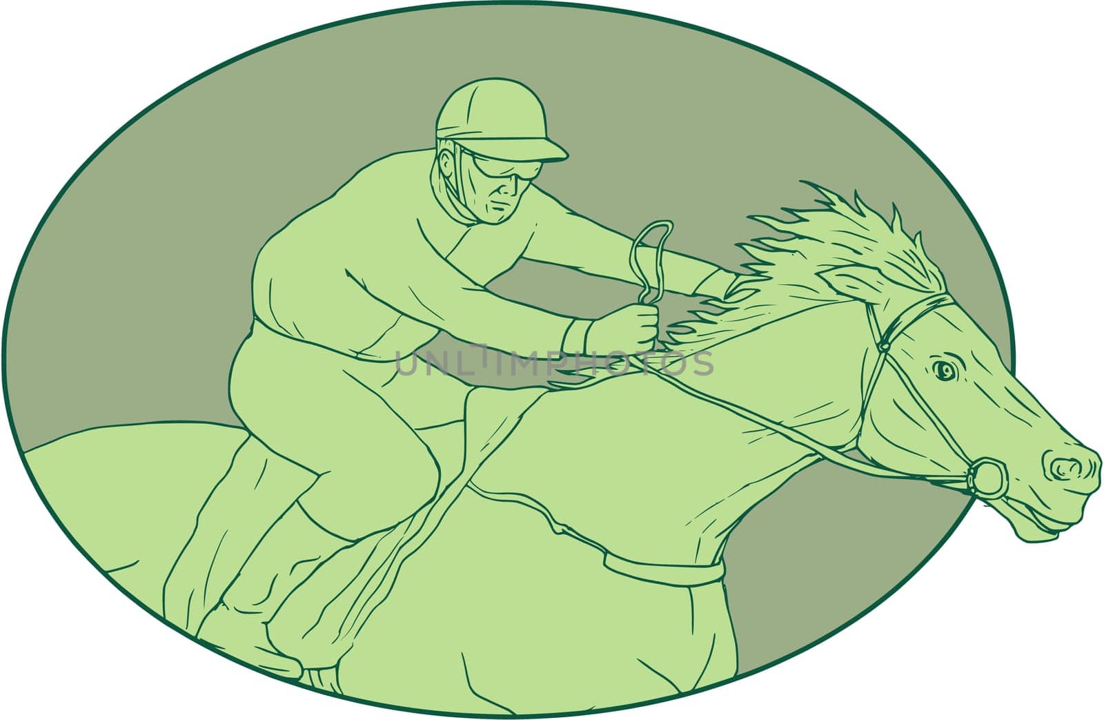 Drawing sketch style illustration of jockey riding a horse racing viewed from the side set inside oval shape on isolated background.