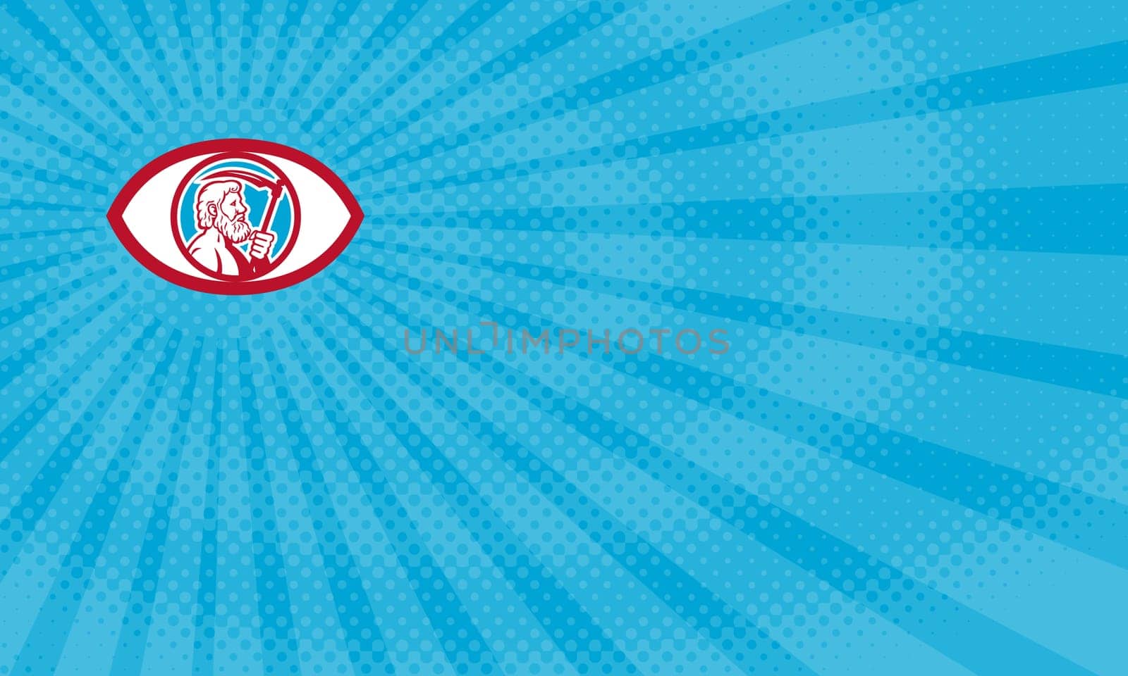 Business card showing Illustration of Cronus or Kronos, Greek God and leader of Titans, holding a scythe or a sickle viewed from the side set inside an eye done in retro style.....