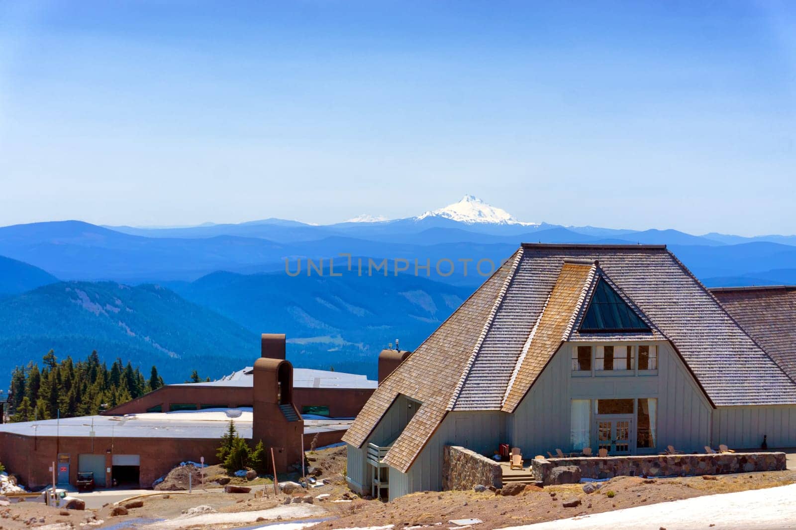 TIMBERLINE LODGE, MAY 8: Timberline Lodge in Oregon on Mt Hood with Mt Jefferson visible in the background on May 8, 2015