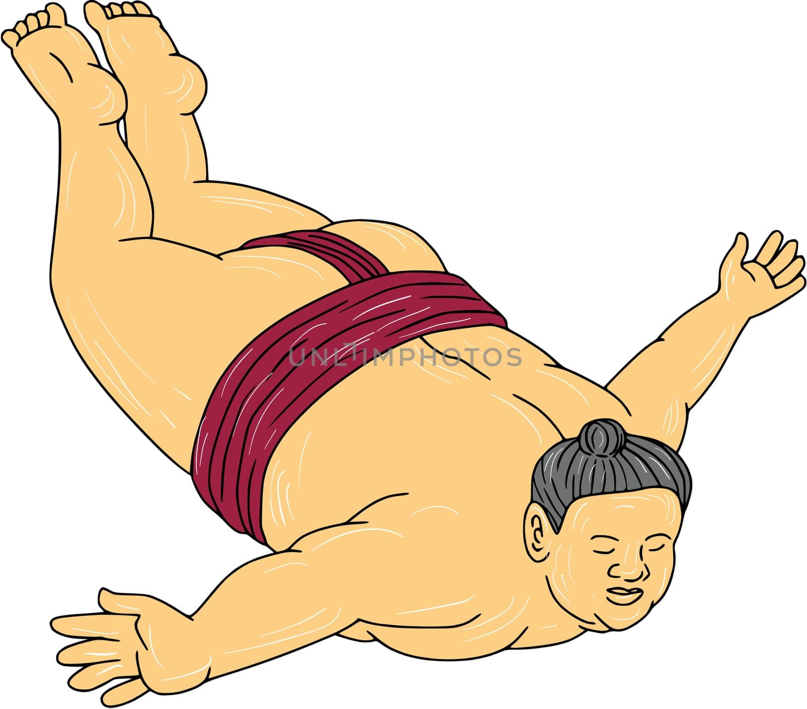 Drawing sketch style illustration of a Japanese sumo wrestler skydiving viewed from front set on isolated white background.