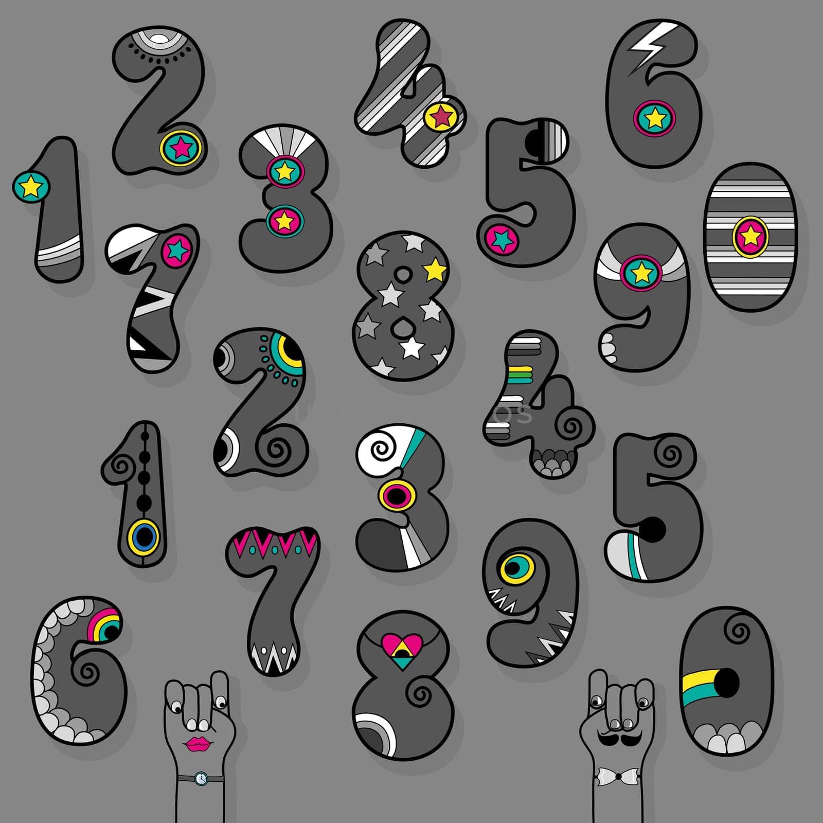 Artistic Numerals. Gray signs with bright colorful decor. Superhero and Retro Style. Cartoon Hands. Illustration