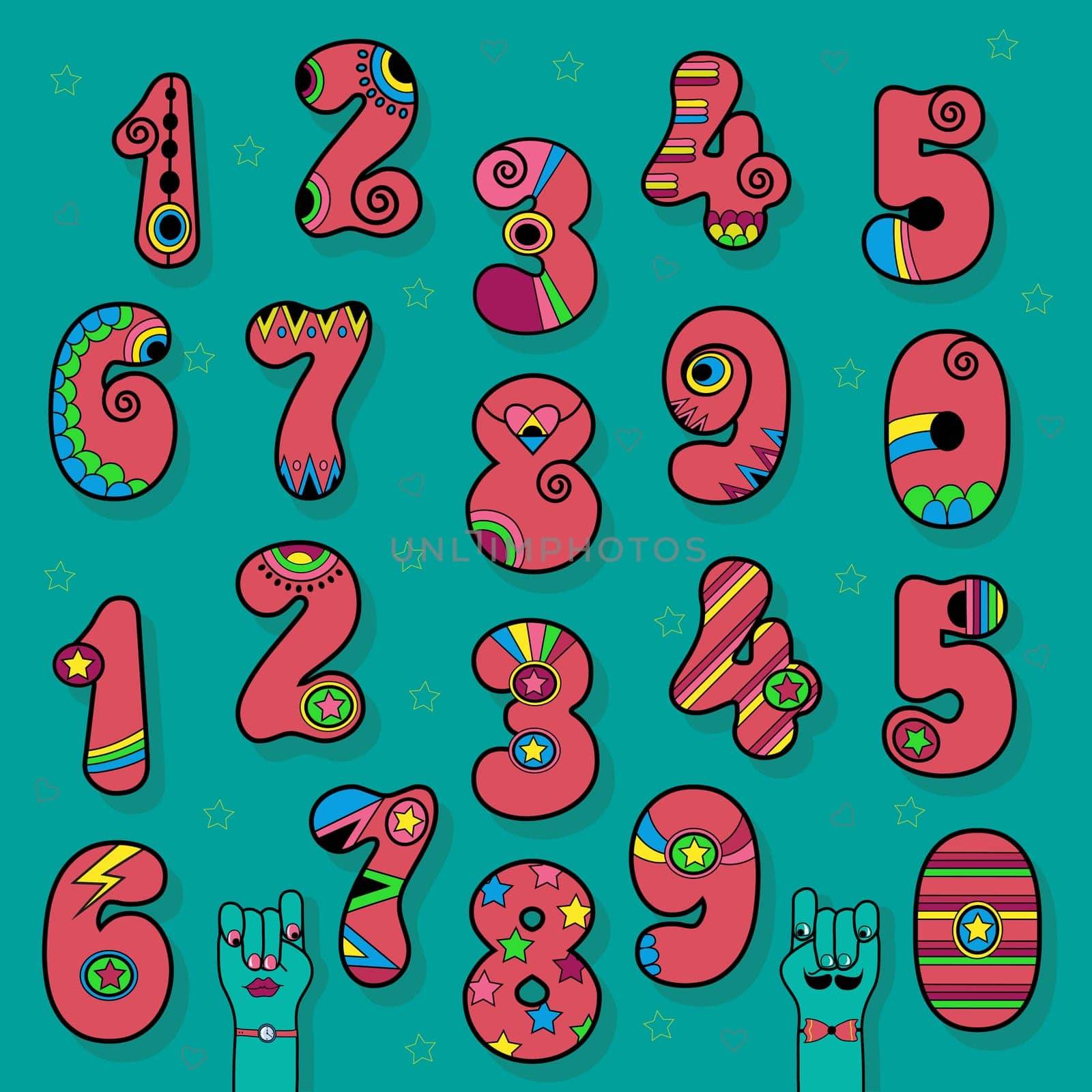 Artistic Numerals. Pink signs with bright colorful decor. Superhero and Disco Style. Cartoon Hands. Illustration