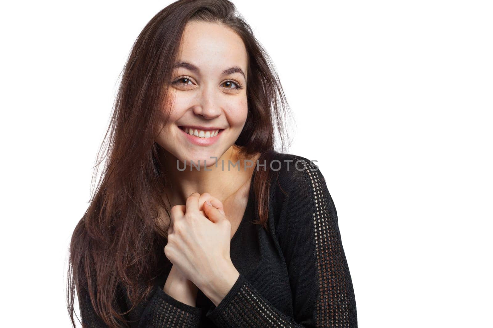 Portrait of a beautiful and cheerful woman, isolated on white