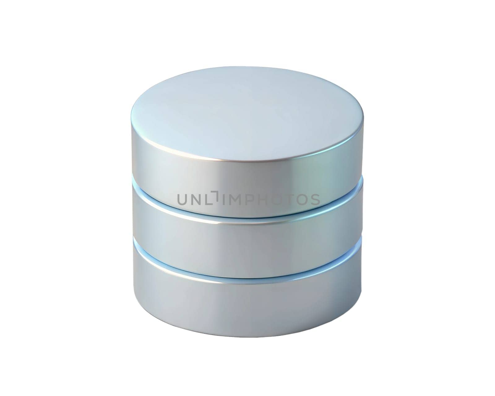 A sleek holographic 3D icon of a database stacked in three levels, isolated on white background, symbolizing modern data storage, technology, and digital systems in an abstract, futuristic design