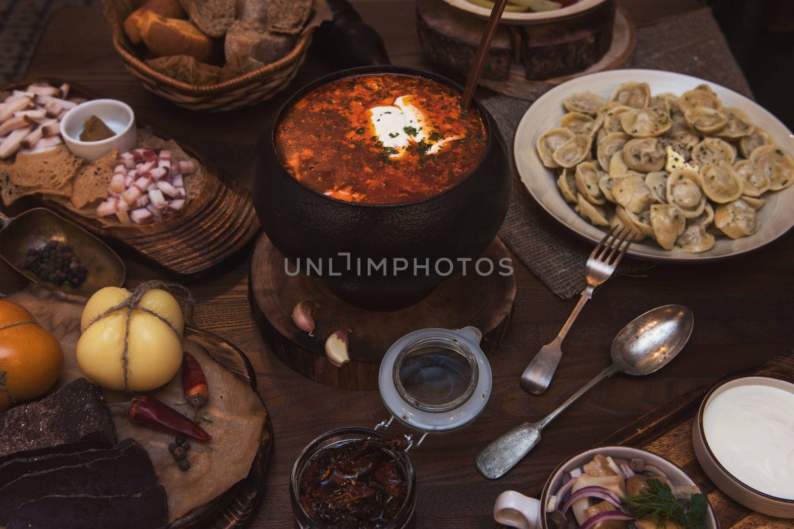 Russian borsch at pot on the table