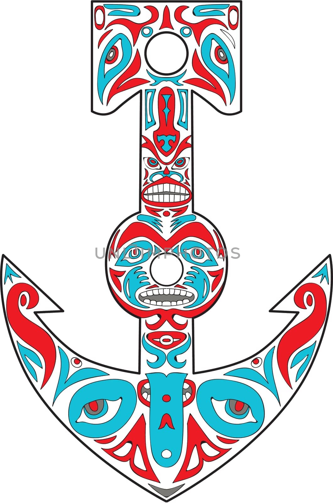Northwest Coast art style illustration of a boat anchor totem pole set on isolated white background.
