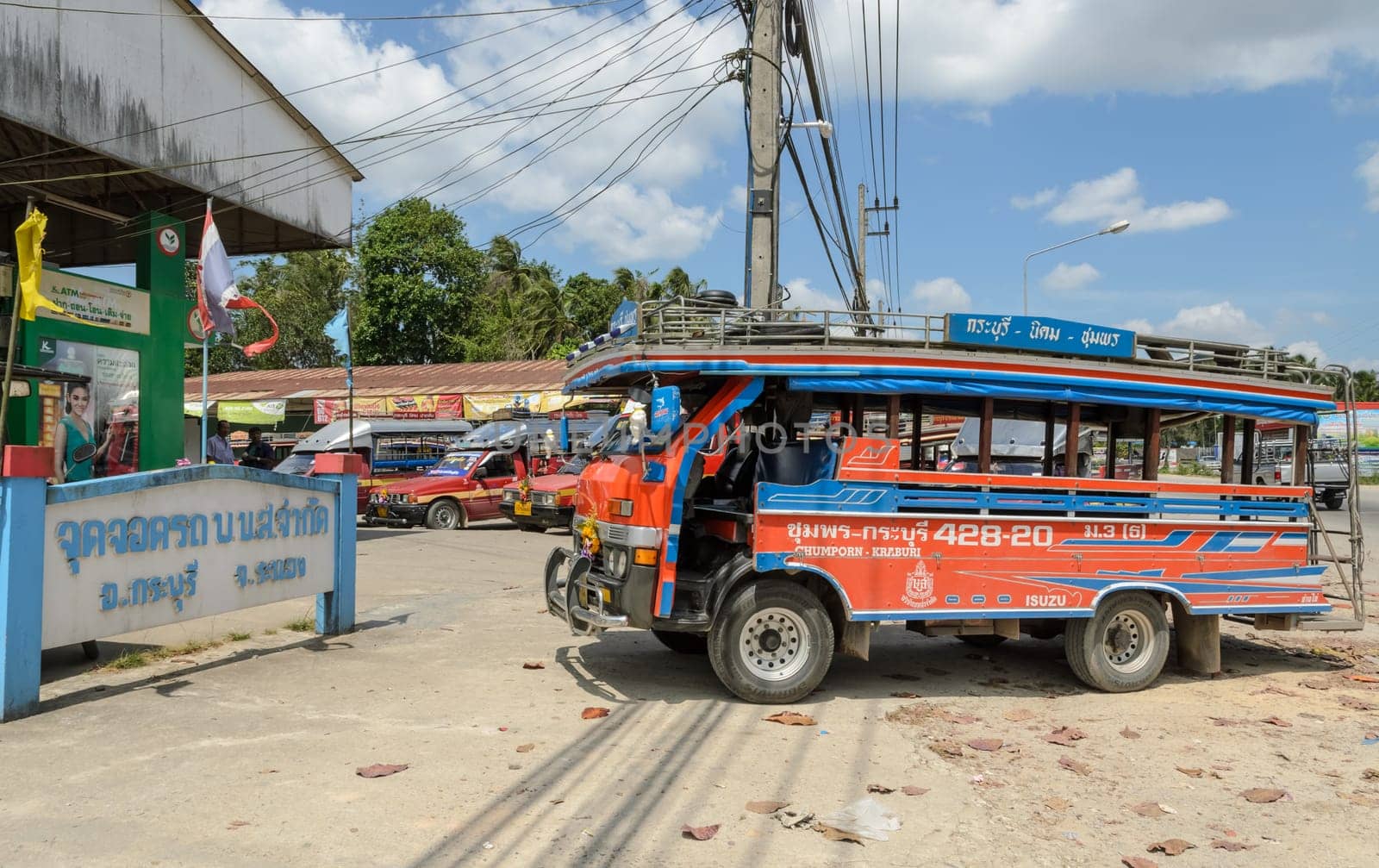 RANONG , THAILAND - FEBRUARY 20, 2015 : Public transport of wooden minibus or Songtaew in Ranong, Thailand.