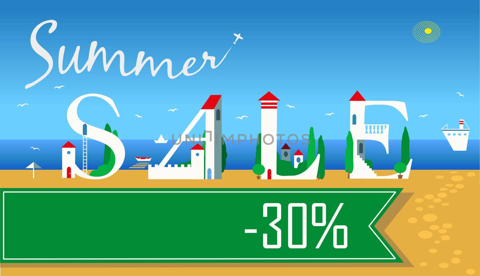 Inscription Summer Sale. Thirty percents. Cute white houses on the coast. Green banner. Plane in the sky.  Illustration.