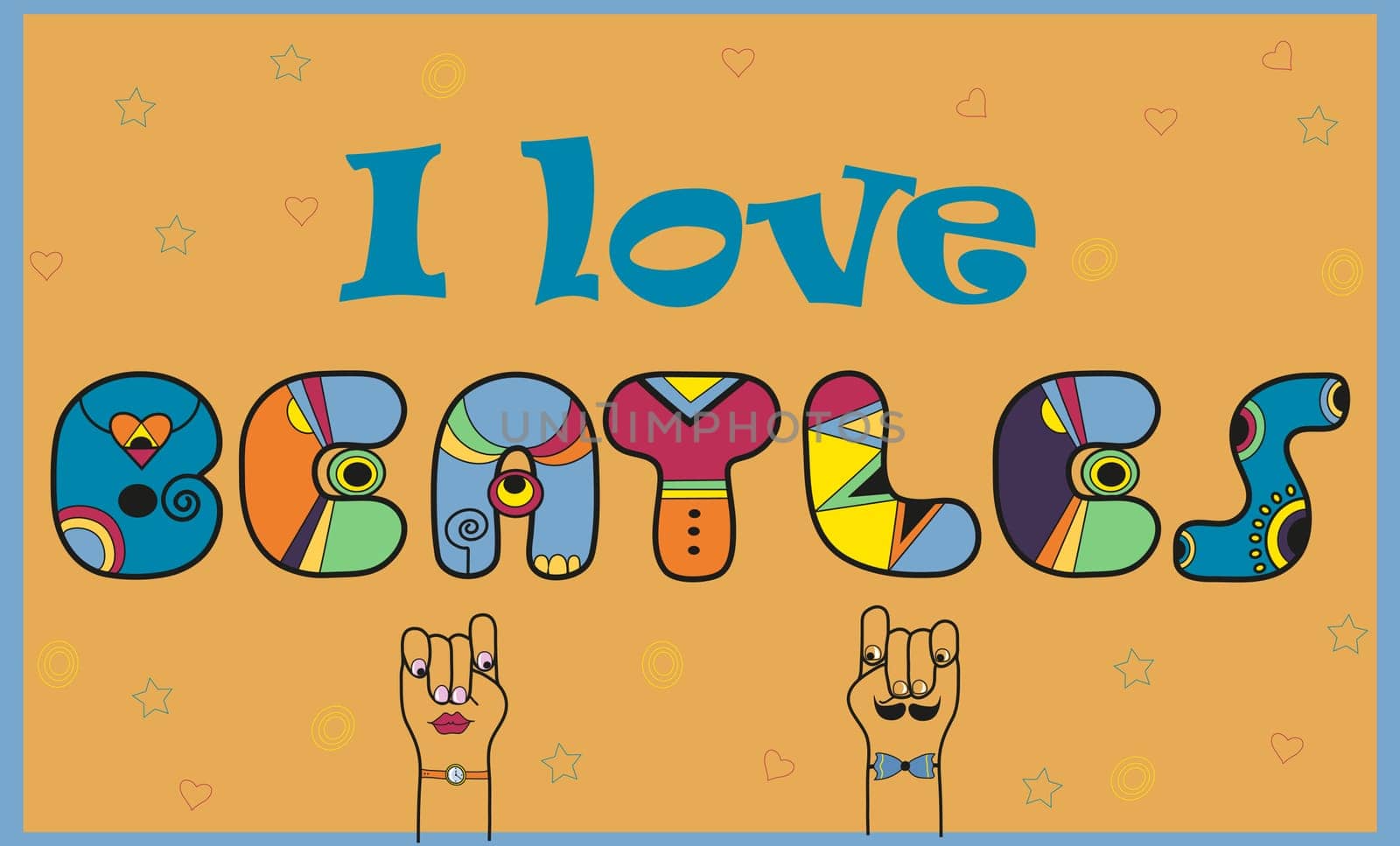 Inscription I love Beatles. Colorful vintage font. Funny Letters. Cartoon hands looking at each other.  Illustration.
