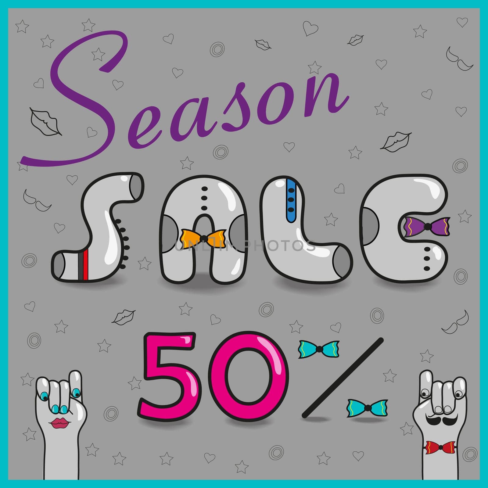Inscription Season sale with hipster style. Vintage font. Gray letters with colorful ties. Cartoon hands looking at each other.  Illustration.