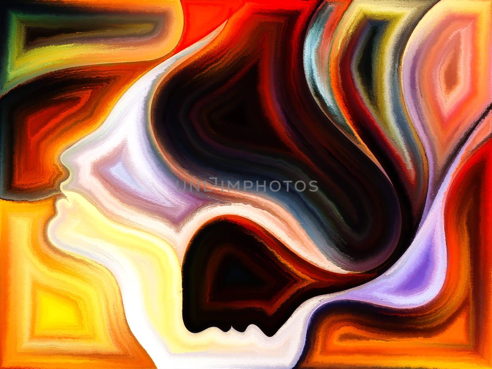 Inner Dialog series. Composition of human profiles and vivid paint shapes on the subject of emotions, relationships, human drama, spirituality and design