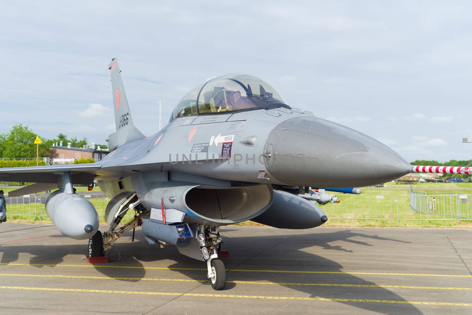 LEEUWARDEN, NETHERLANDS - JUNE 10, 2016: Nose of an F16 fighting falcon during the dutch air force open days