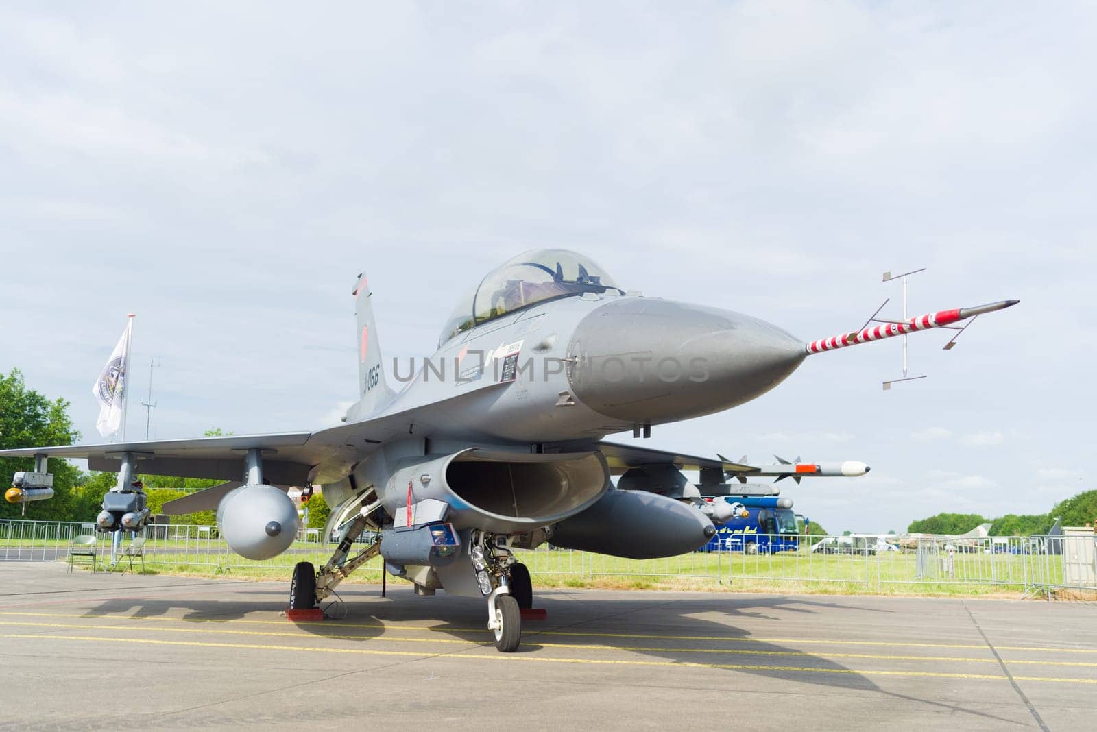 LEEUWARDEN, NETHERLANDS - JUNE 10, 2016: Nose of an F16 fighting falcon during the dutch air force open days