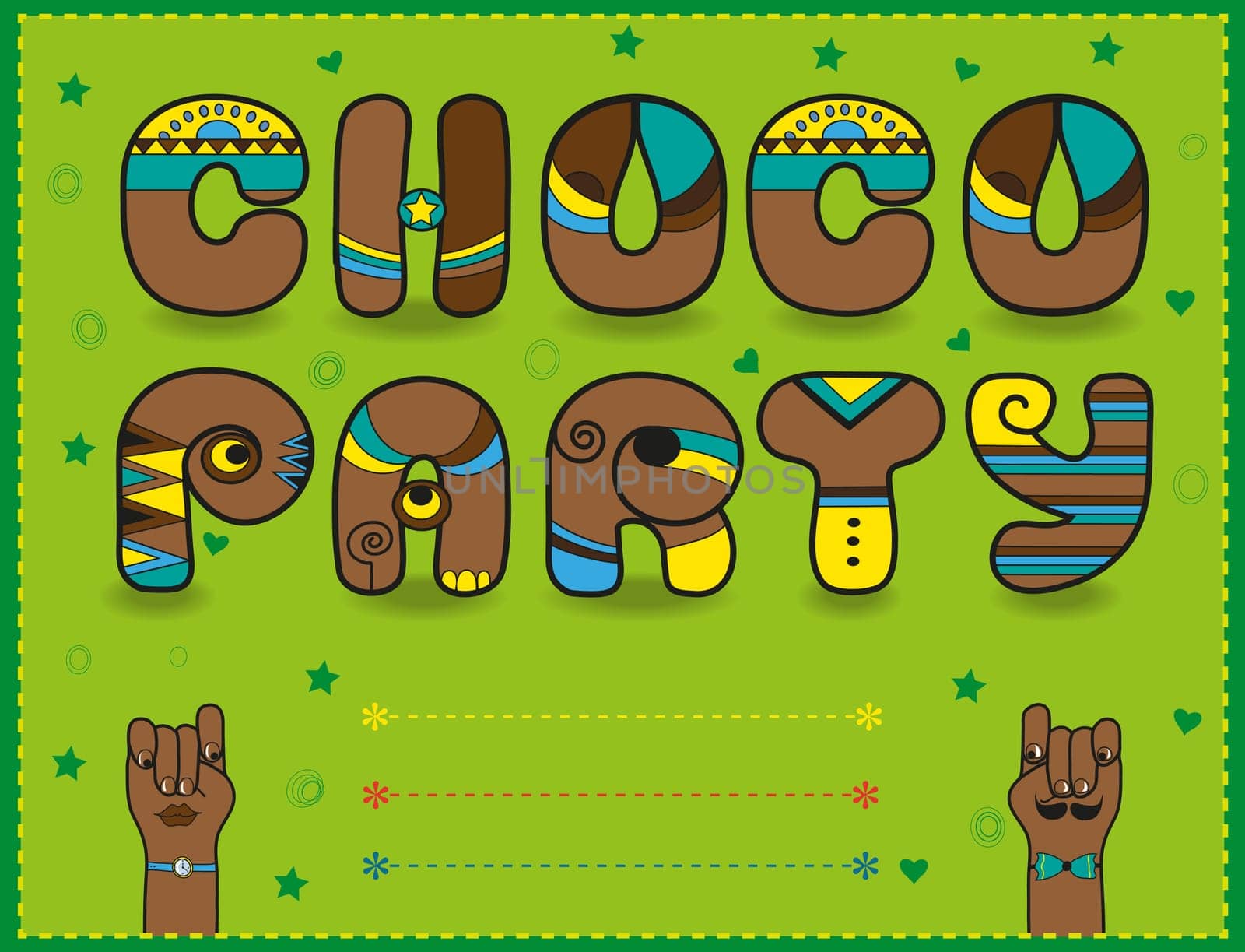 Inscription Choco Party. Funny brown Letters with bright parts. Green invitation. Cartoon hands looking at each other. illustration.