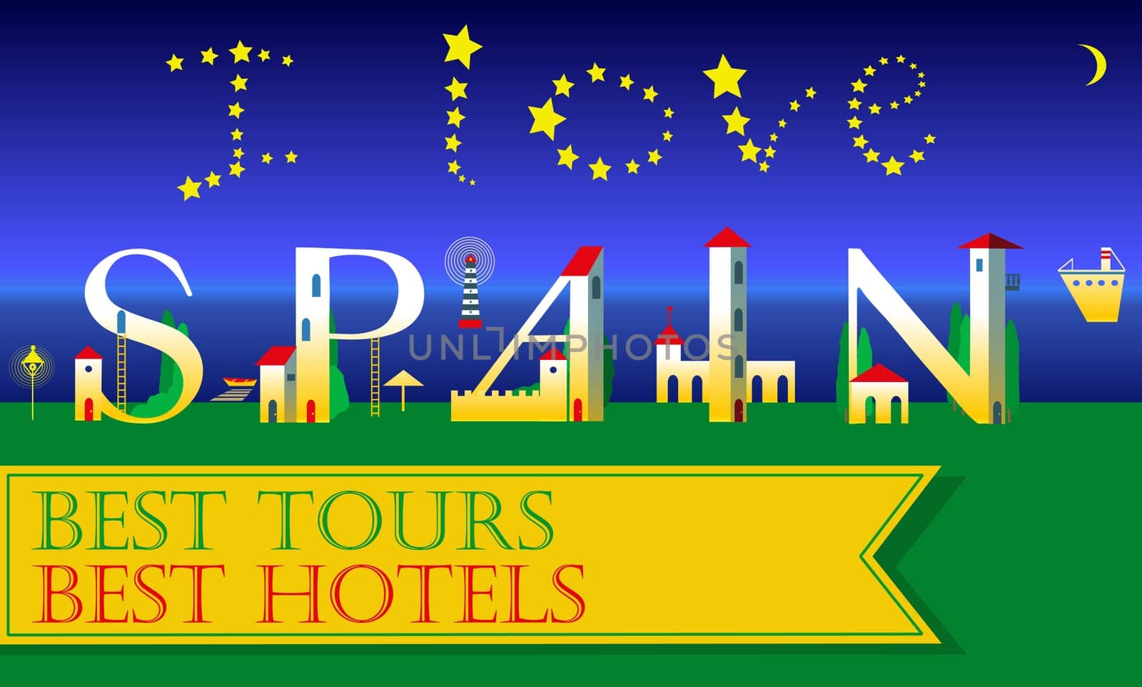 I love Spain Inscription. Best tours. Best hotels. Holiday houses Font. Buildings as letters on the beach. Yellow banner. Illustration.
