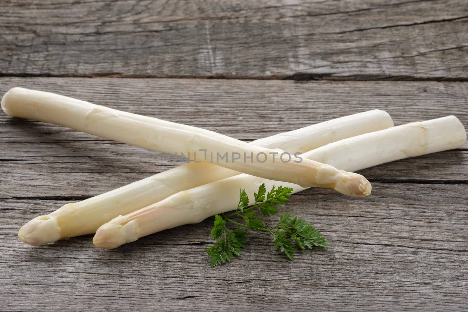 White asparagus raw and chervil on rustic wood