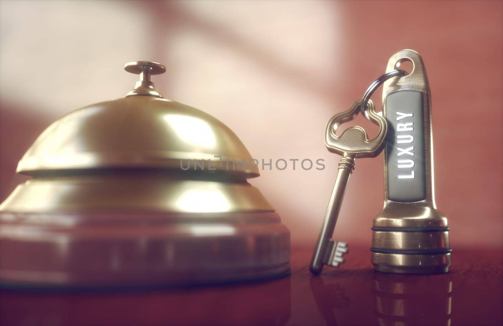 Luxury hotel key and vintage golden bell on the wooden table of the lobby service.
