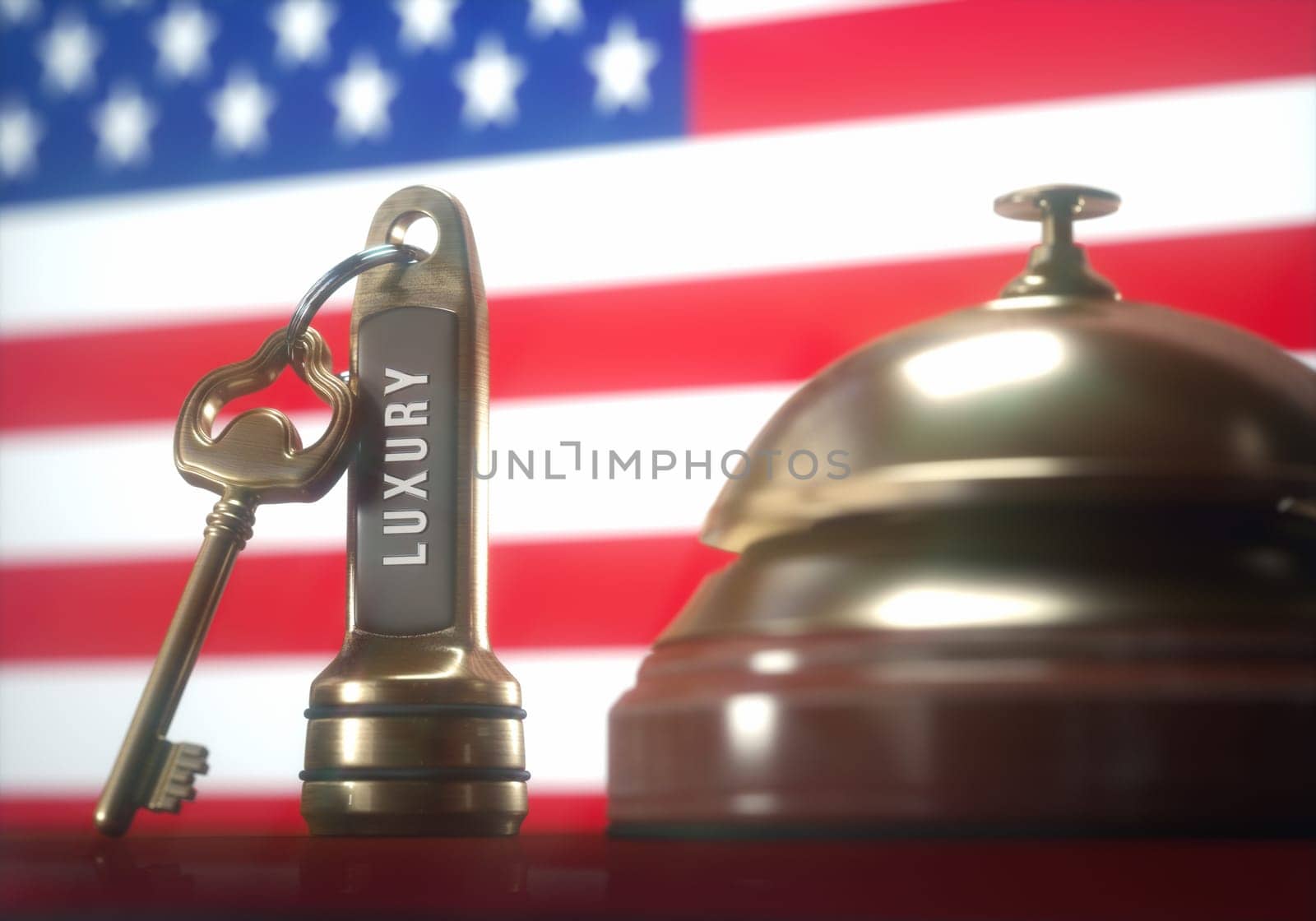 Luxury hotel key and vintage golden bell of the USA on the wooden table of the lobby service.