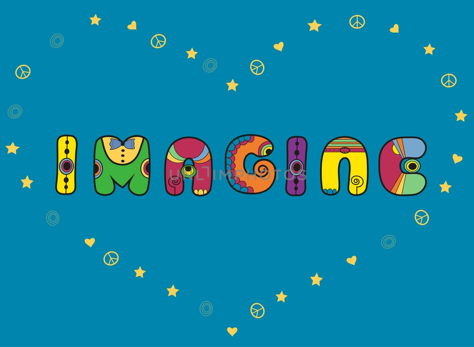 Inscription Imagine. Hippie font. Unusual shape. Hippy Letters. Heart by symbols of stars, hearts and pacific. Illustration
