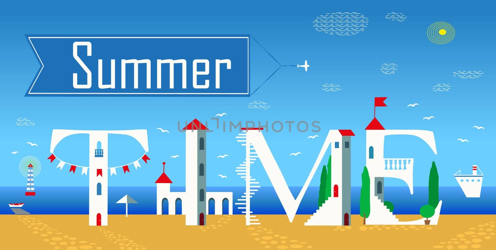 Inscription Summer time. Cute white houses on the coast. Unusual font. Blue banner with plane in the sky. Summer beach. Illustration.