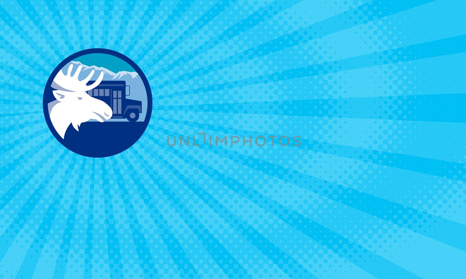 Business card showing Illustration of a moose head viewed from the side set inside circle with school bus and mountains alps in the background done in retro style. ....