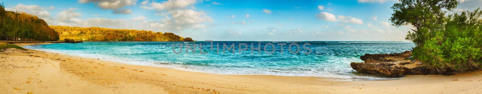 Sandy tropical beach at sunny day. Mauritius. Panorama