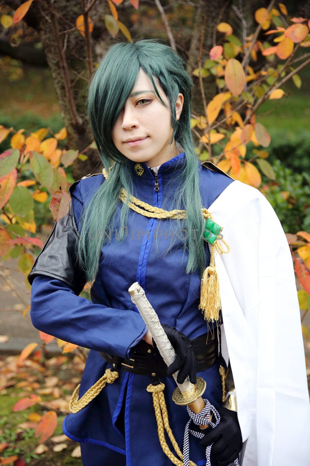 Kagawa, Japan - November 20, 2016: Young japanese girl dressed in cosplay costume at Mamugame-Jou Park. Photo taken in Marugame Cosplay Convention during a meeting of cosplayer.