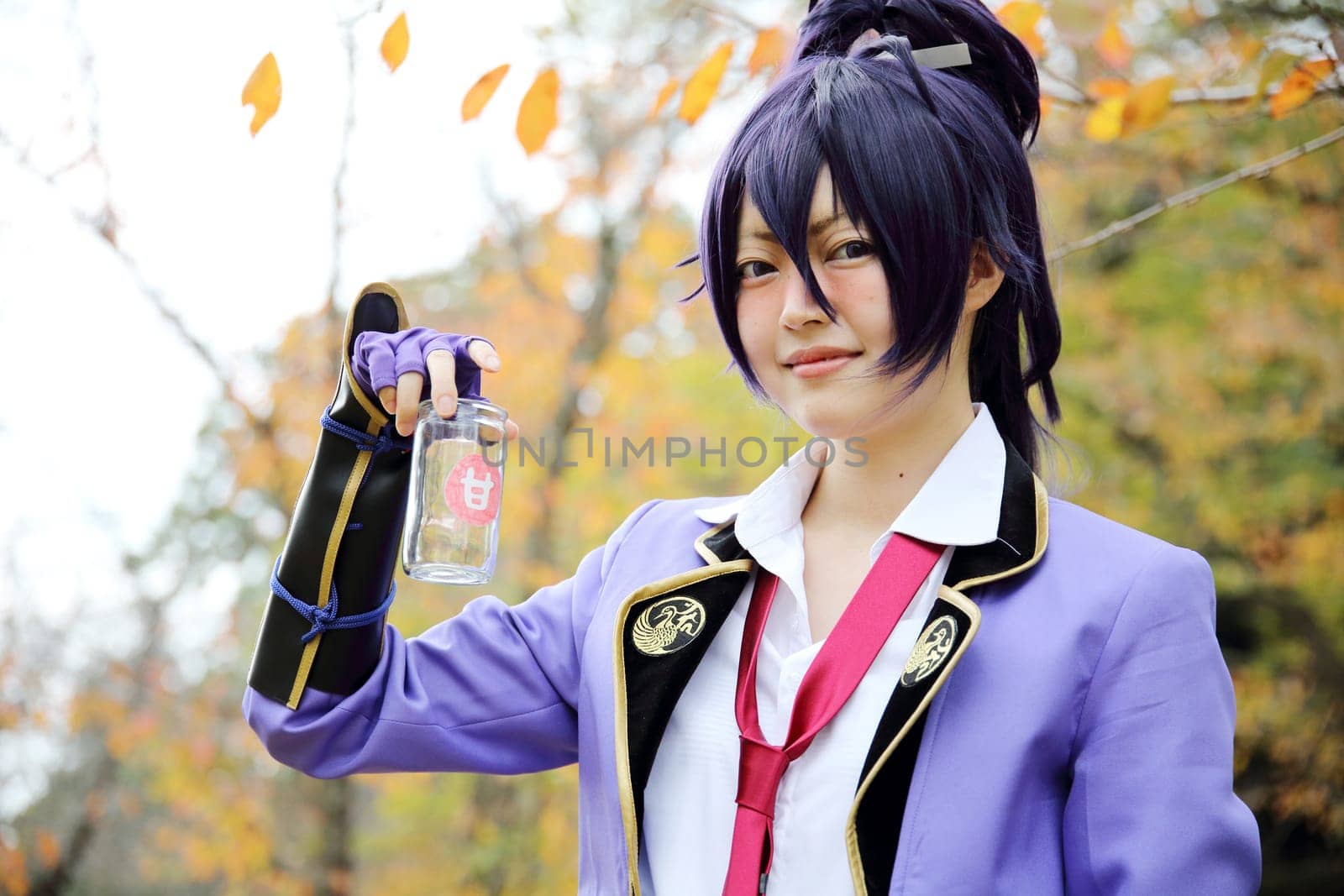 Kagawa, Japan - November 20, 2016: Young japanese girl dressed in cosplay costume at Mamugame-Jou Park. Photo taken in Marugame Cosplay Convention during a meeting of cosplayer.