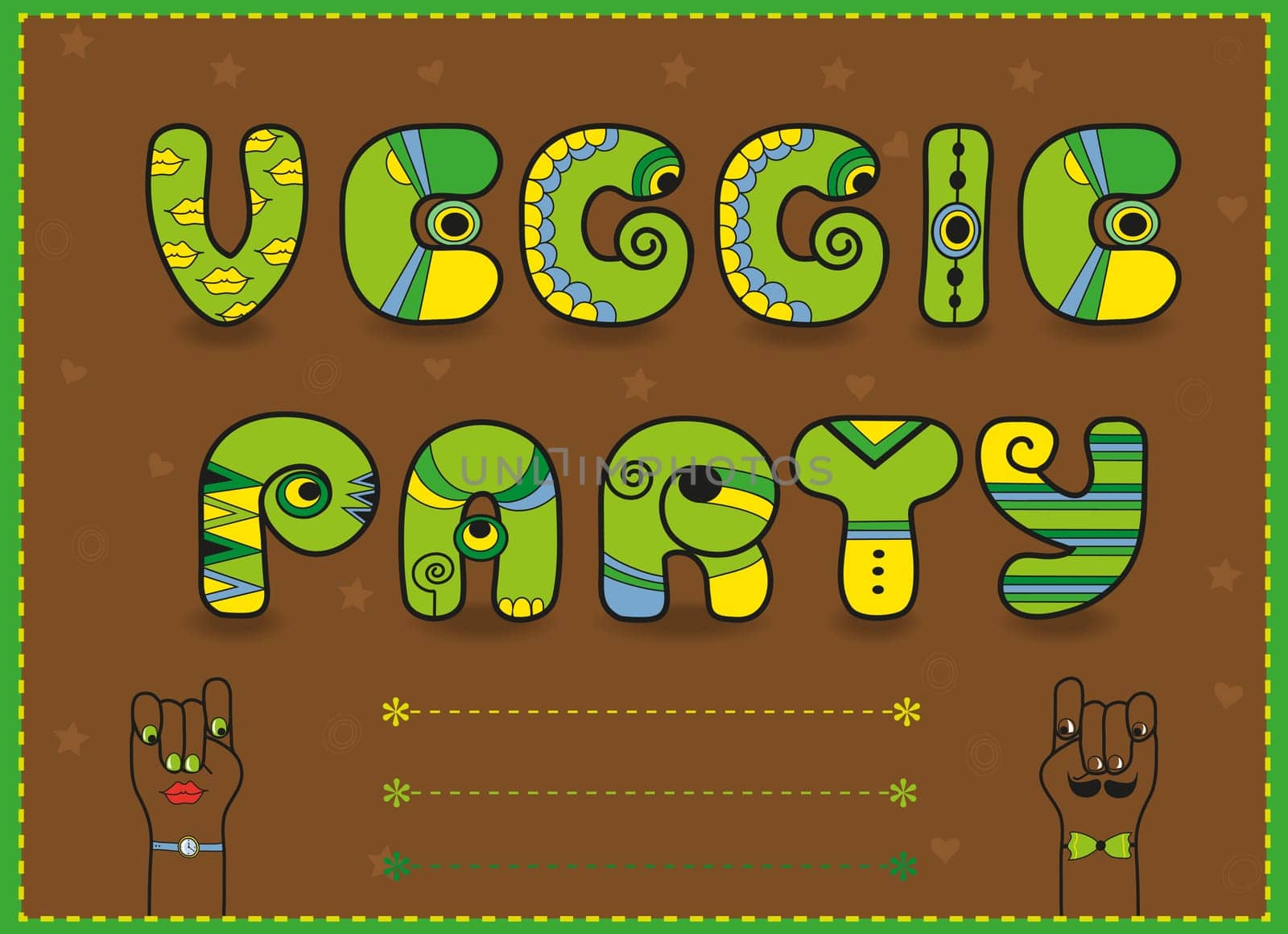 Inscription Veggie Party. Funny invitation. Unusual font. Yellow green Letters with bright parts. Cartoon hands looking at each other. Place for custom text.  illustration.