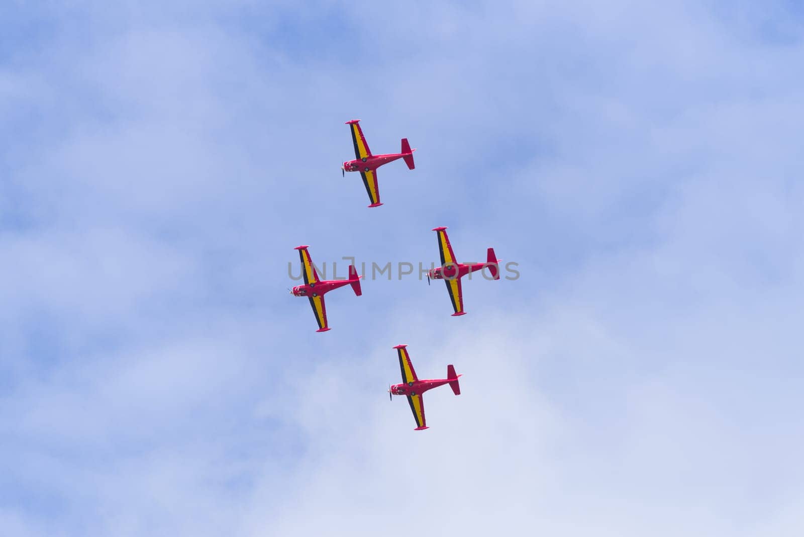 LEEUWARDEN, NETHERLANDS - JUNE 10, 2016: Belgian Red Devils stunt team in action at the Dutch Air Force open days in the netherlands