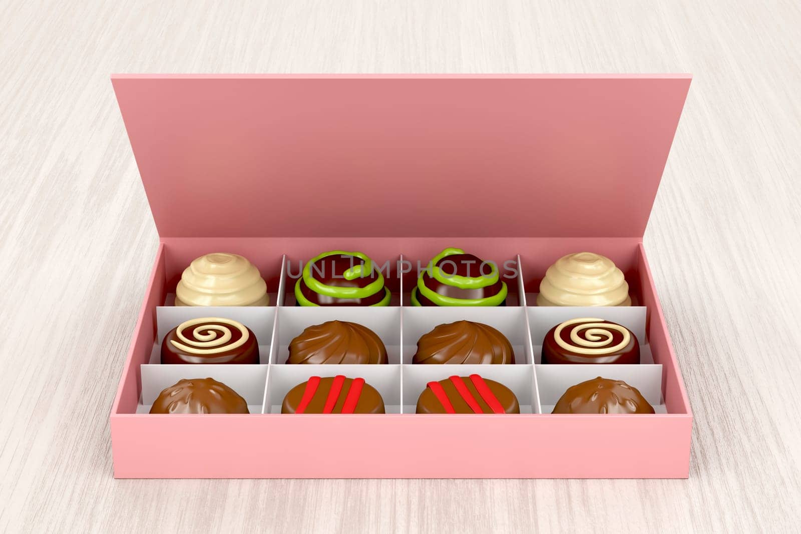 Gift box with chocolate candies on wooden table