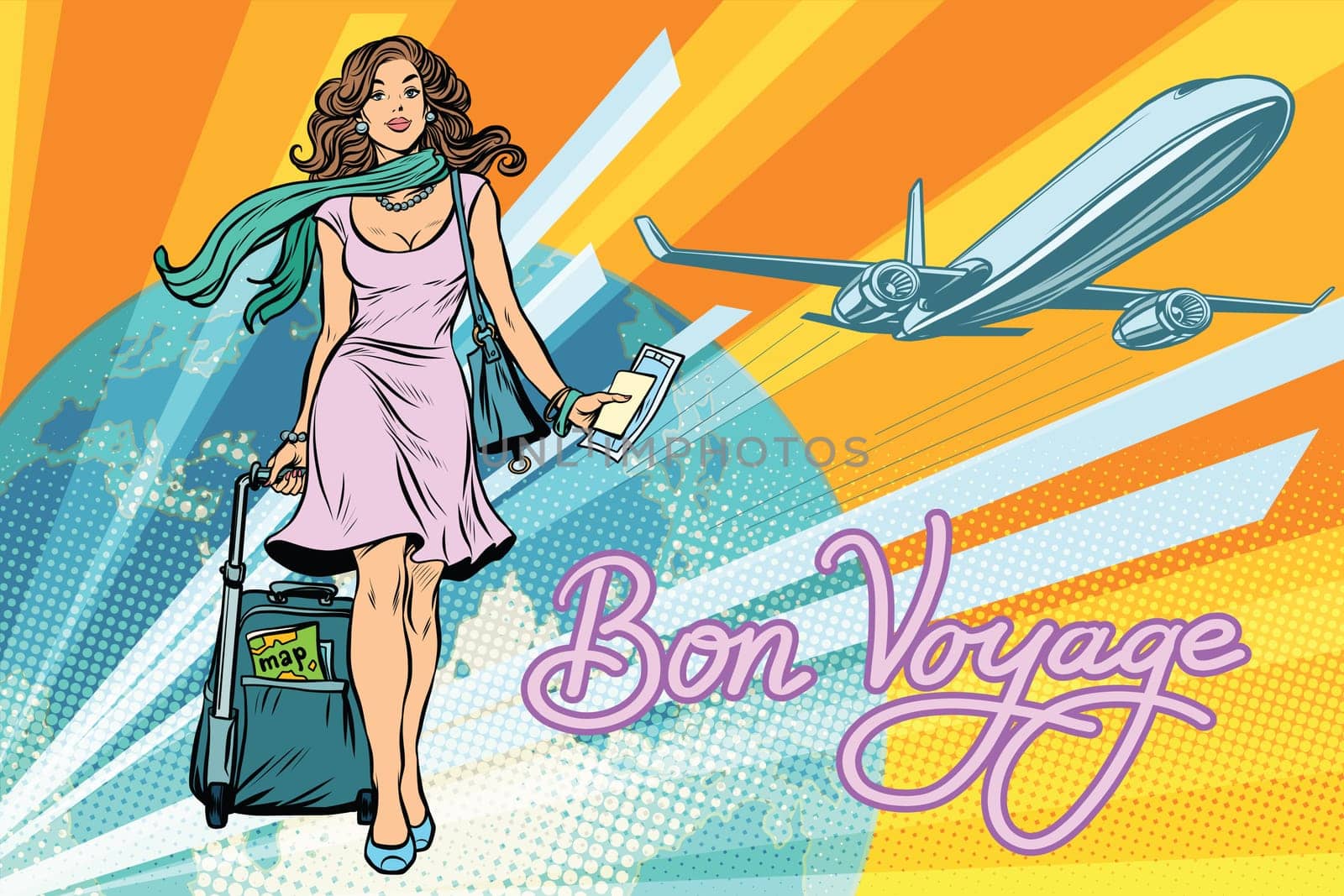 Beautiful girl with a ticket for the flight. Pop art retro vector illustration. Travel and tourism. Lifestyle