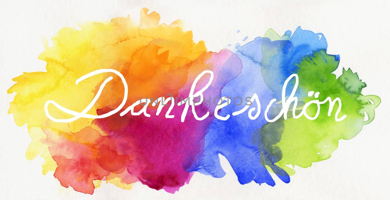handwritten lettering "thank you"" on painted,dynamic watercolor texture in rainbow color,exposed to white"