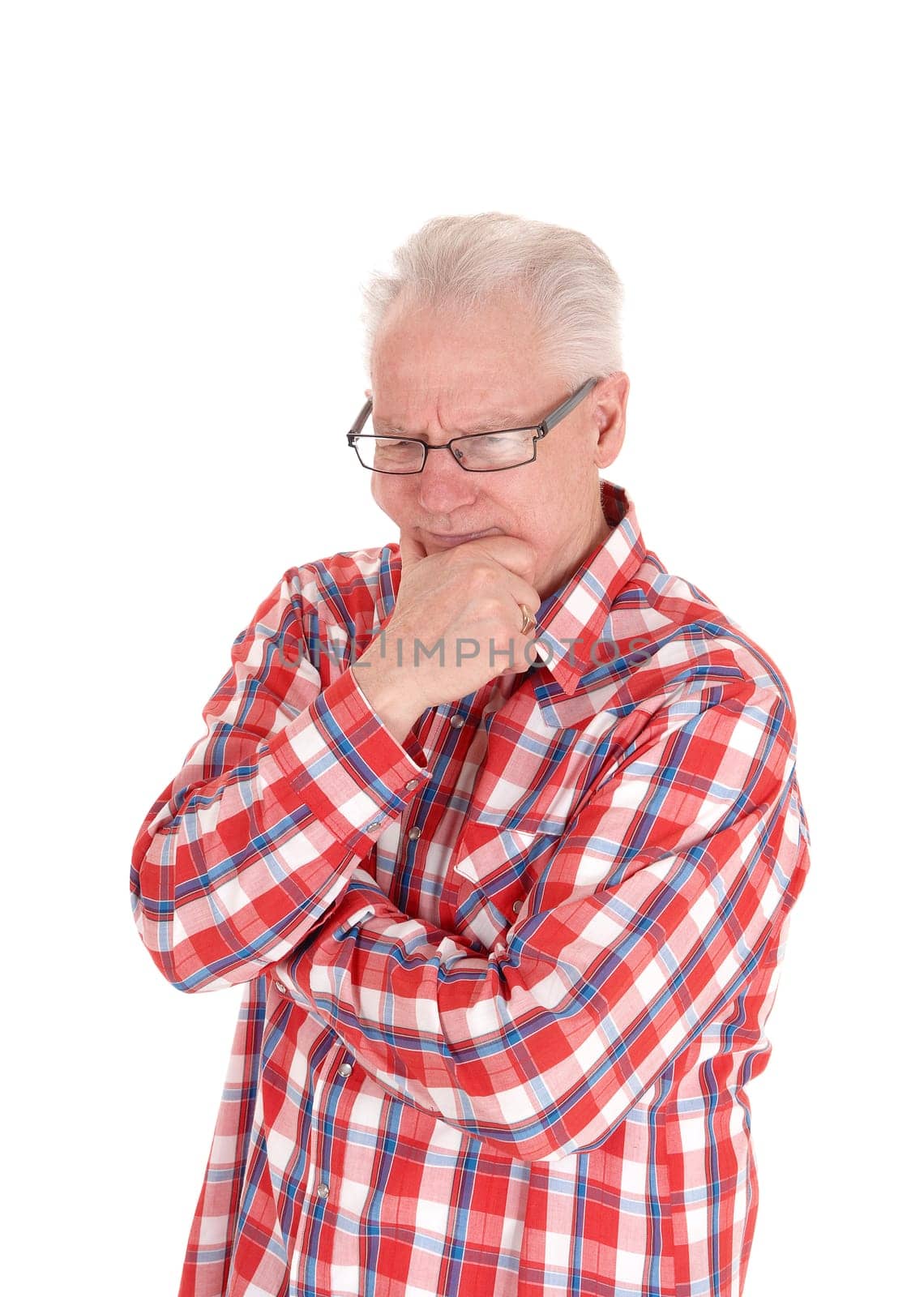 A closeup image of a white hair senior man in a checkered shirt and .glasses hard thinking, isolated for white background..