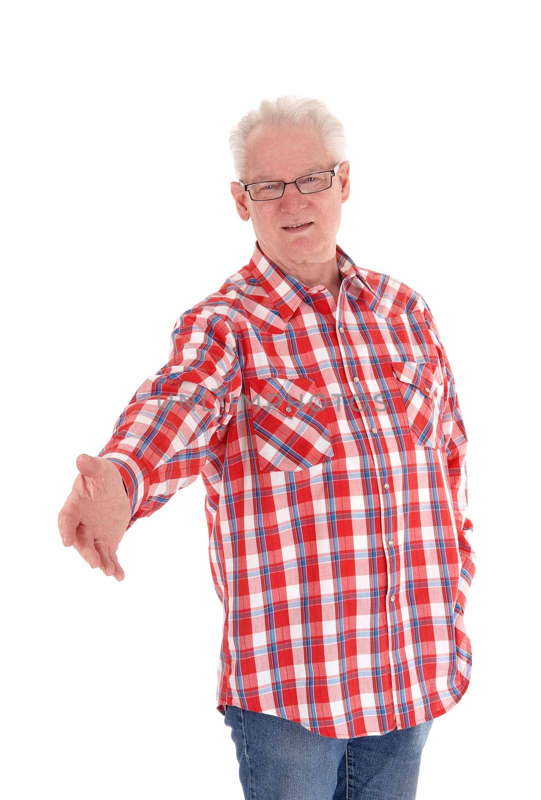 A senior man standing in a checkered shirt and glasses with a welcome.outstretched hand, isolated for white background. .
