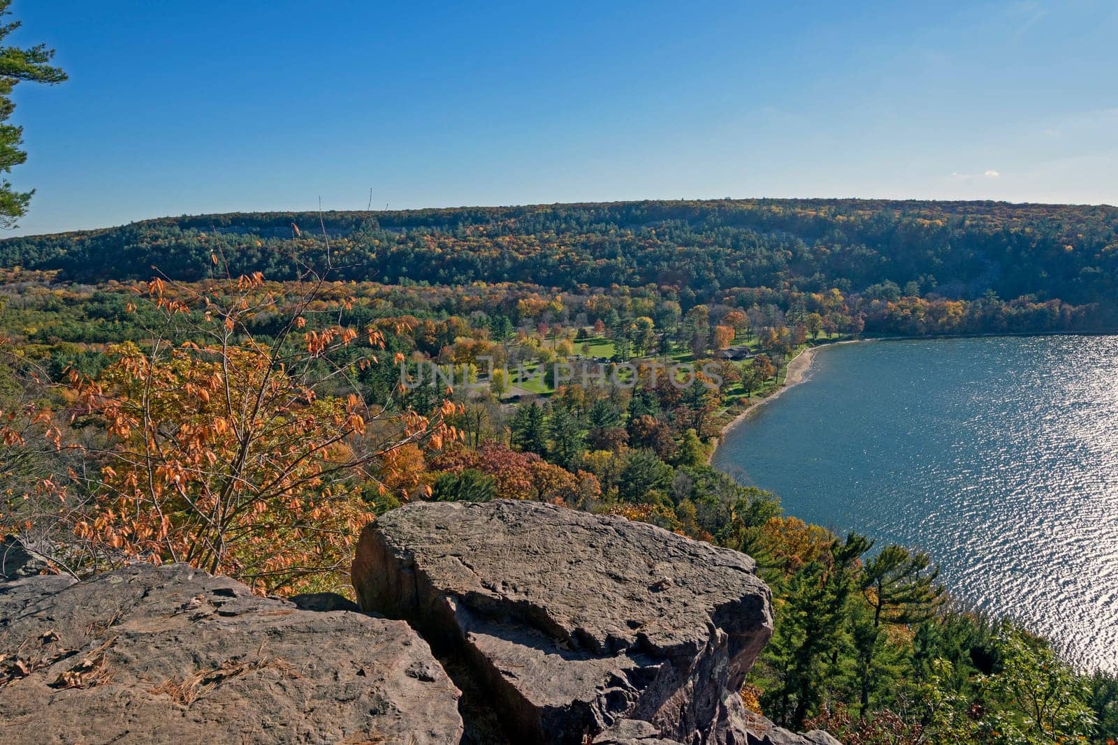 Fall Scene above a Quiet Lake at Devils Lake State Park in Wisconsin