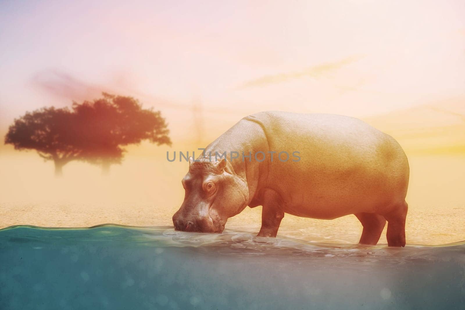 close up on hippo drinking water
