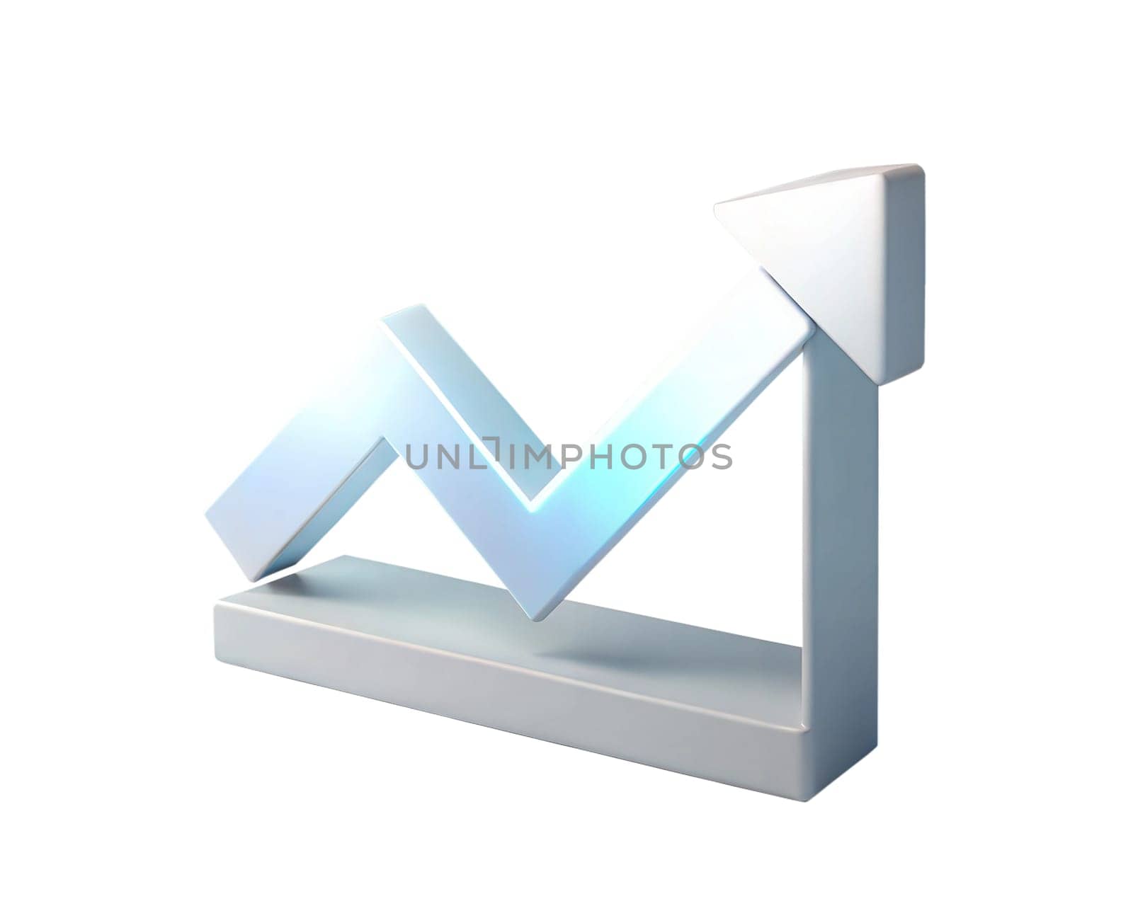 A modern and sleek holographic 3D icon of a graph with an upward arrow, isolated on white background, symbolizing growth, progress, and positive business or financial trends.