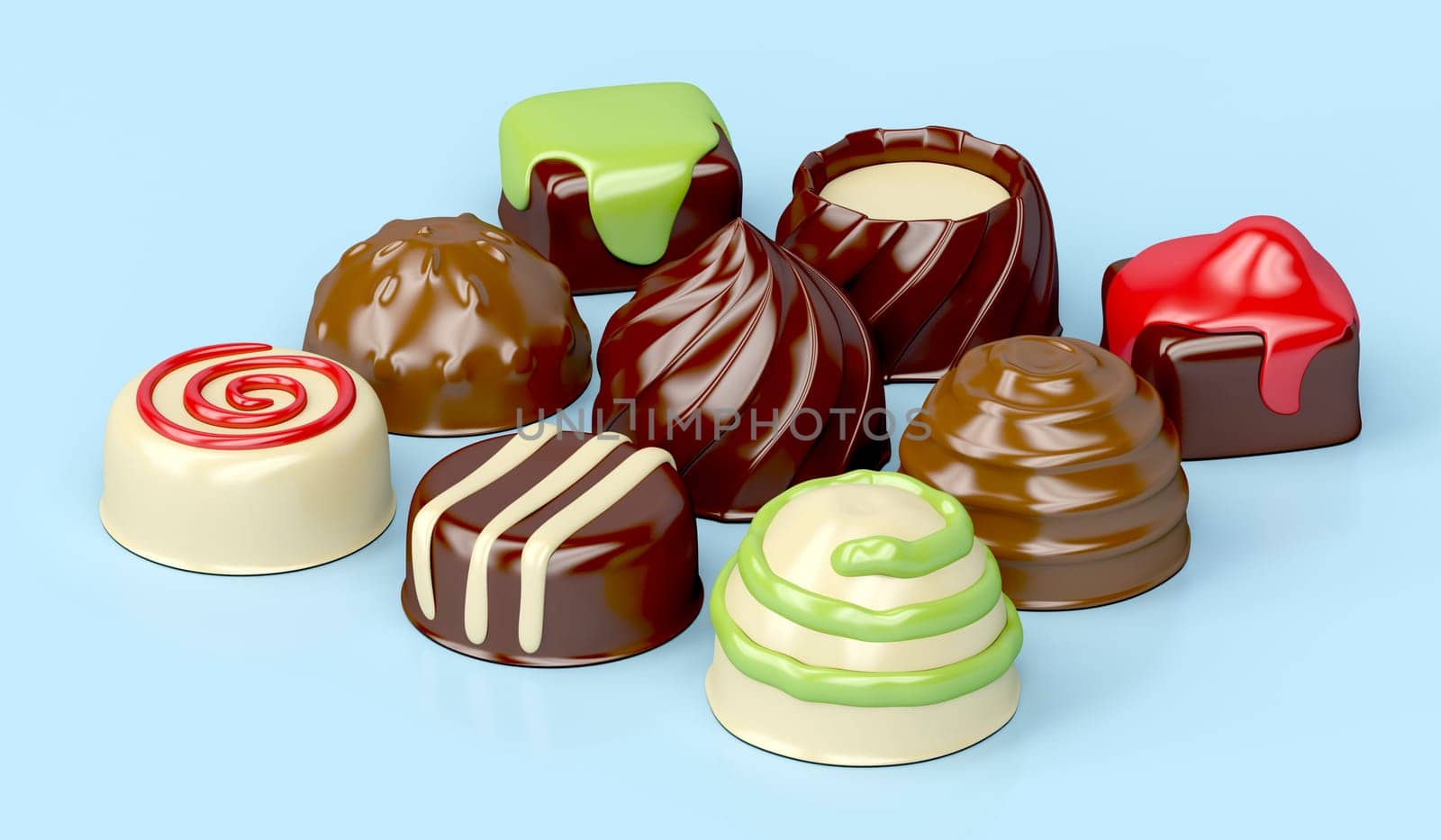 Selection of different chocolate candies on blue background