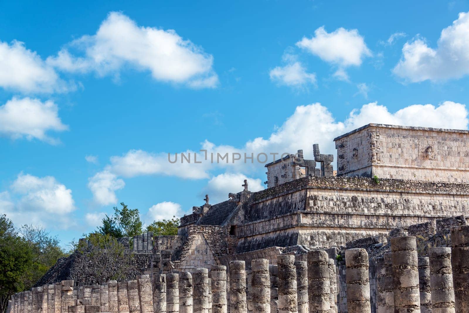 Temple of the warriors with the thousand columns visible in the Mayan ruins of Chichen Itza, Mexico