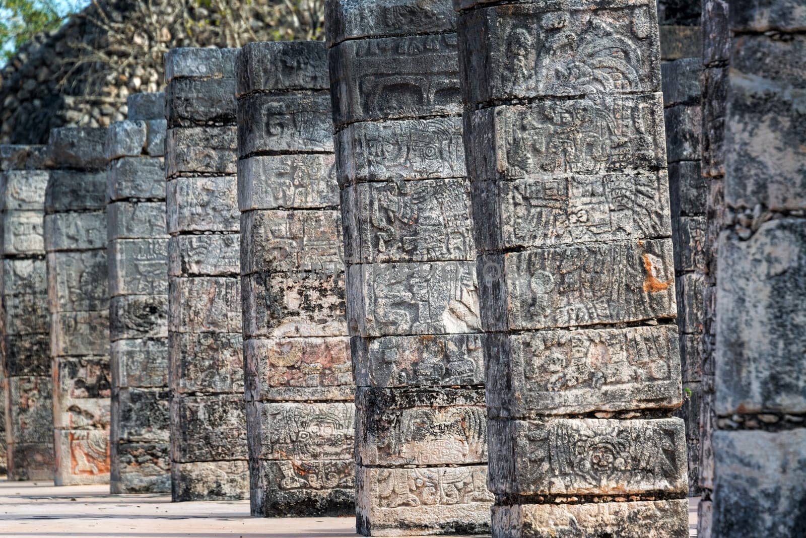 Details of ornate columns in the ruins of Chichen Itza, Mexico