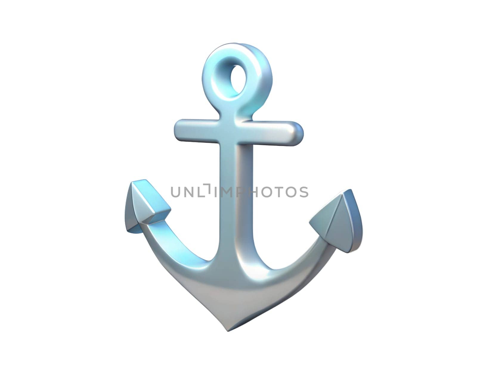 A shiny, holographic 3D anchor icon, isolated on white background, symbolizing stability, the sea, and maritime themes, ideal for nautical, travel, and digital design projects.