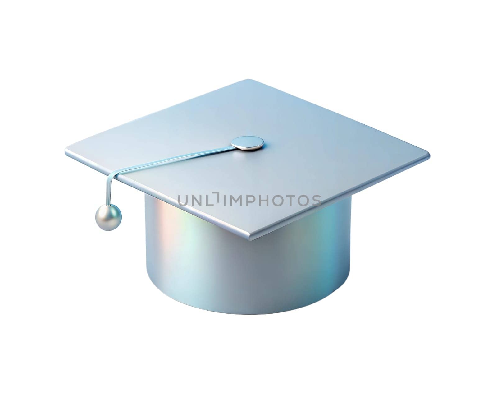 A modern and futuristic holographic 3D icon of a graduation cap with a reflective surface, isolated on white background, symbolizing academic achievement, education, and success.