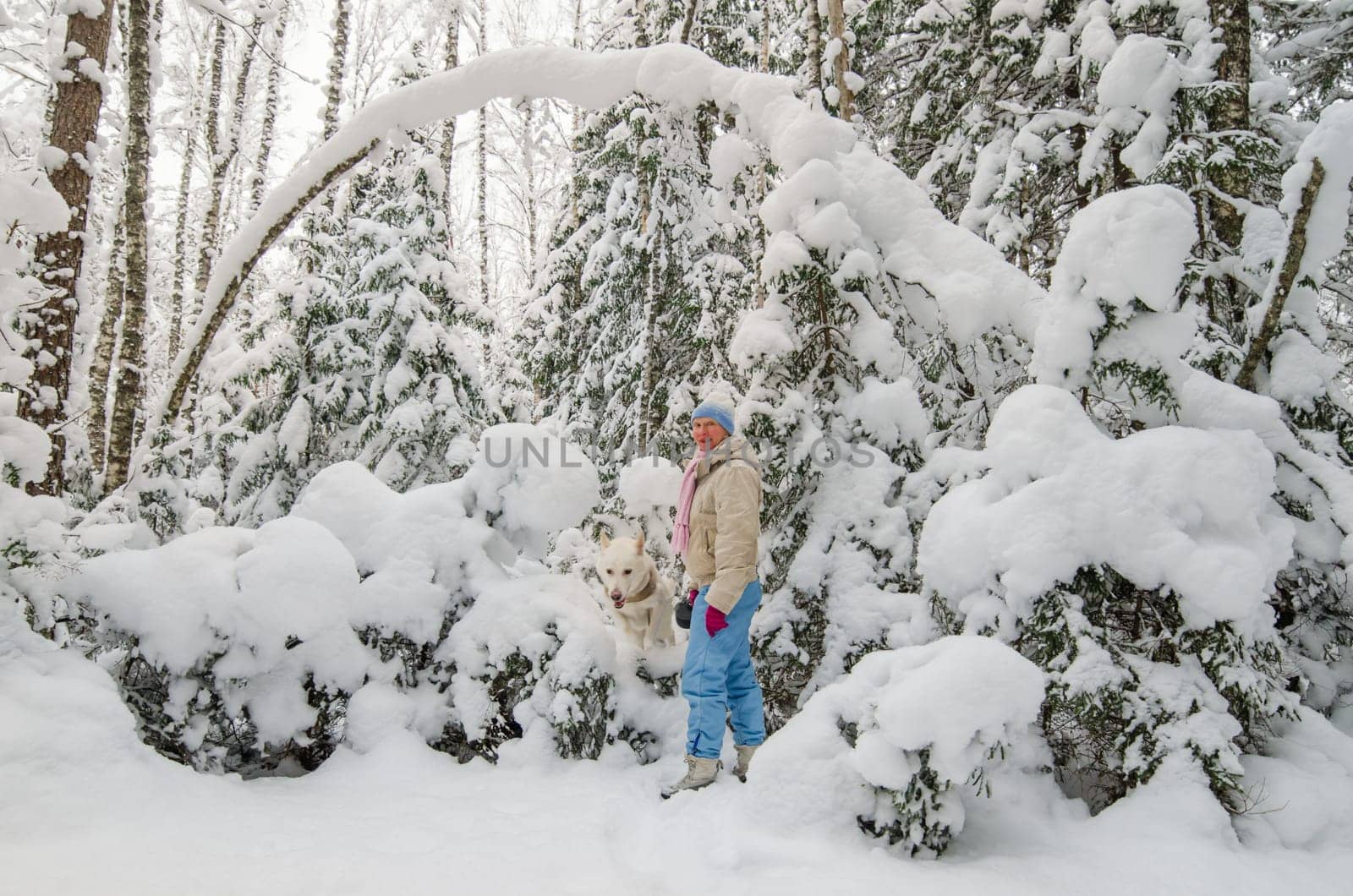 A woman with a dog in a snow-covered winter forest