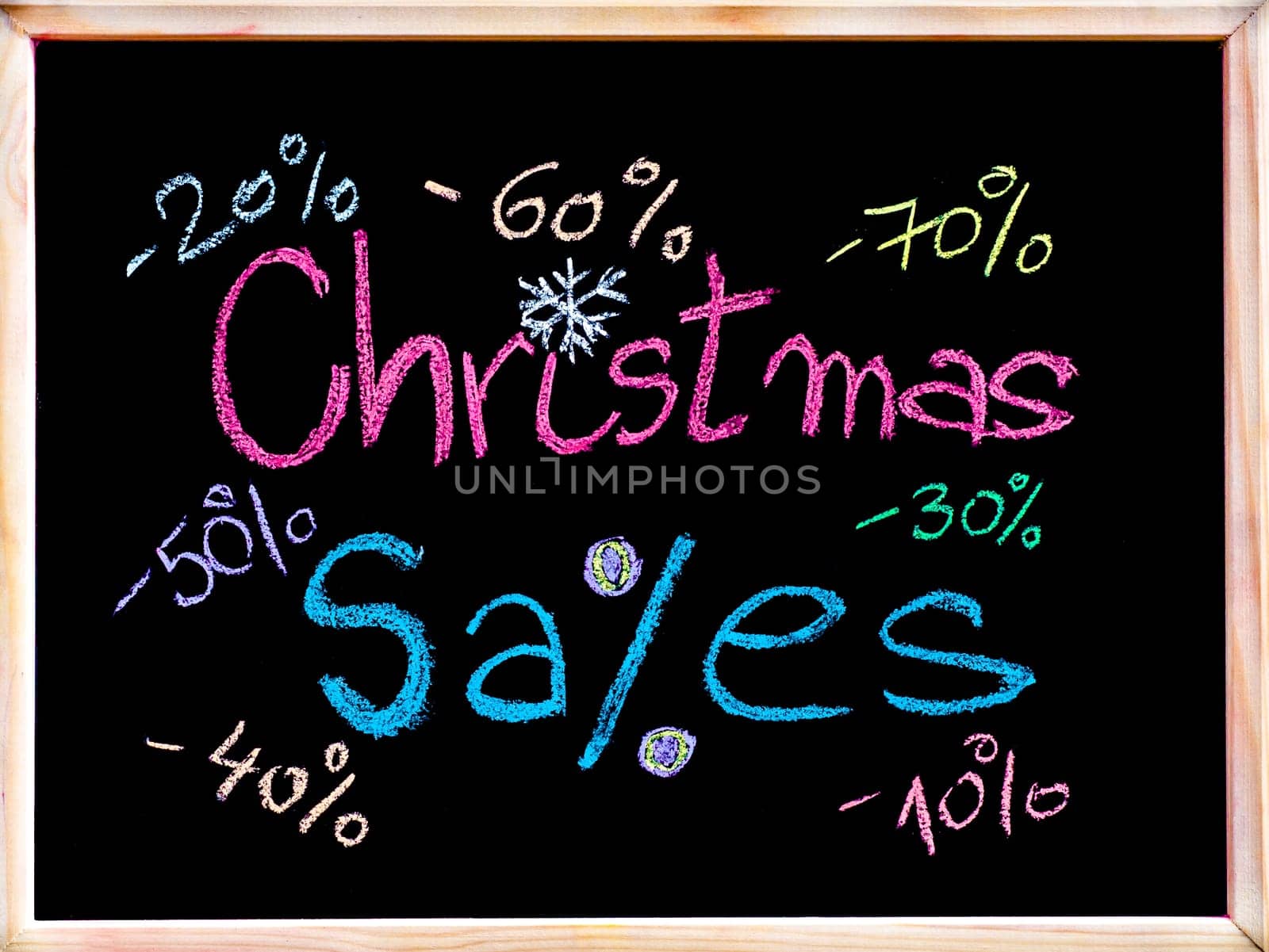 Sales conceptual image with discount figures around Christmas Sales text. Colorful Hand drawing on blackboard, isolated on black background, horizontal shot, holiday sale concept